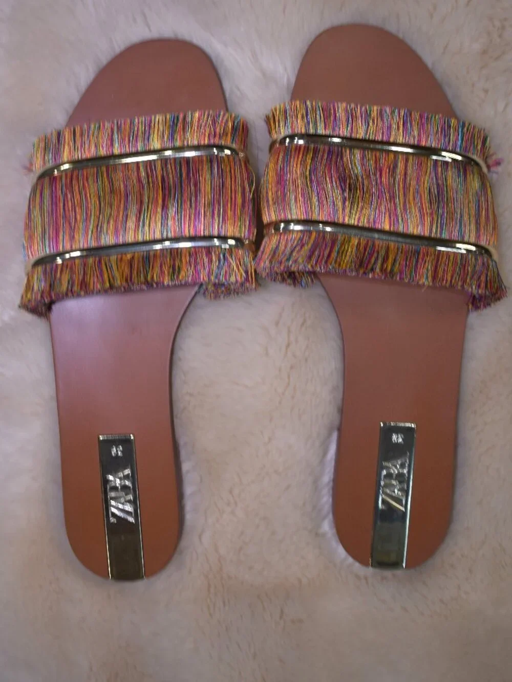 Zara Colorful Fringe Slide Sandals Size 39/8 Boho Summer Vacation Flats - Picture 10 of 12